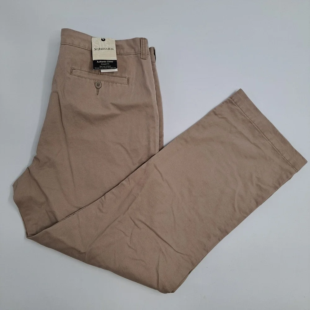 St. John's Bay Authentic Chino Pants Mens 38x32 Cotton Tan Solid Straight Fit